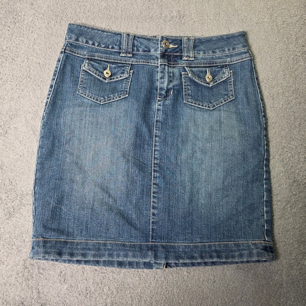 Christiana Zinn Womens Size 8 Denim Mini Skirt Blue Flap Pockets Stretch Casual